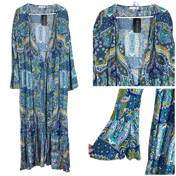 R Vivimos Other - NWT R Vivimos Size L Maxi Swimsuit Cover Up Kimono Dress Beach Blue Tan Pink Tie